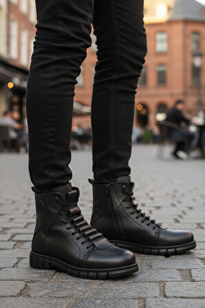 Aspor Siyah Hakiki Deri Kürklü Erkek Klasik Bot