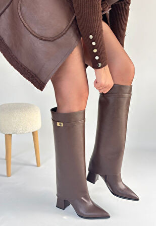 Pabucmarketi Kahverengi Tak Çıkar Kadın Topuklu Çizme