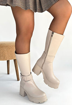 Pabucmarketi Bej Fermuarlı Kadın Topuklu Çizme