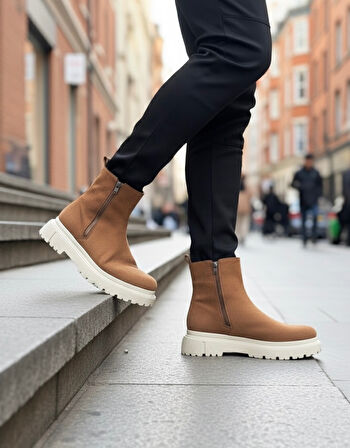 Pabucmarketi Fermuarlı Erkek Klasik Bot TABA SÜET (KREM TABAN)