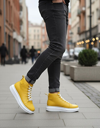 Pabucmarketi Bağcıklı Erkek Sneaker Bot SARI (BEYAZ TABAN)