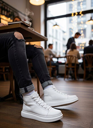 Pabucmarketi Bağcıklı Erkek Sneaker Bot BEYAZ (BEYAZ TABAN)