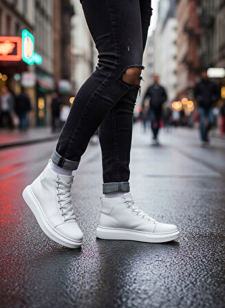 Pabucmarketi Bağcıklı Erkek Sneaker Bot BEYAZ (BEYAZ TABAN)