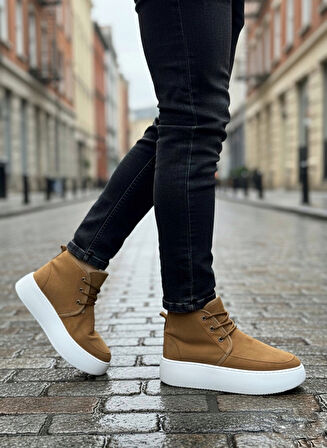 Pabucmarketi Bağcıklı İçi Kürklü Erkek Sneaker Bot TABA SÜET (BEYAZ TABAN)