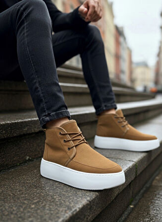 Pabucmarketi Bağcıklı İçi Kürklü Erkek Sneaker Bot TABA SÜET (BEYAZ TABAN)