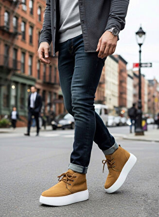 Pabucmarketi Bağcıklı İçi Kürklü Erkek Sneaker Bot TABA SÜET (BEYAZ TABAN)