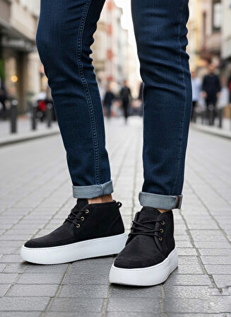 Pabucmarketi Bağcıklı İçi Kürklü Erkek Sneaker Bot SİYAH SÜET (BEYAZ TABAN)