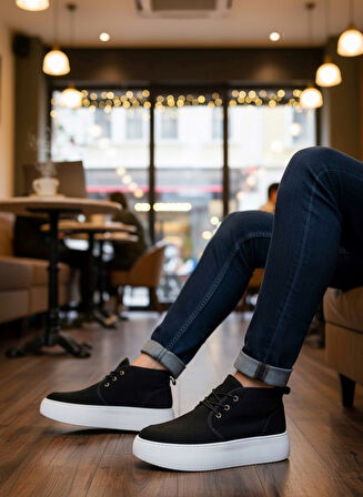 Pabucmarketi Bağcıklı İçi Kürklü Erkek Sneaker Bot SİYAH SÜET (BEYAZ TABAN)