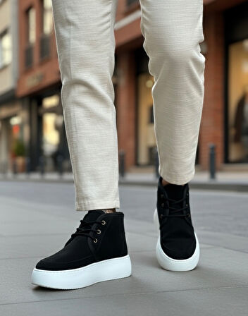 Pabucmarketi Bağcıklı İçi Kürklü Erkek Sneaker Bot SİYAH SÜET (BEYAZ TABAN)
