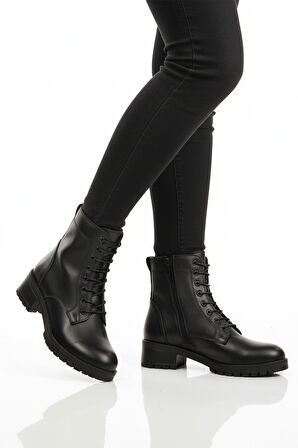 Aspor Siyah Hakiki Deri Fermuarlı Bağcık Detaylı Kadın Topuklu Bot