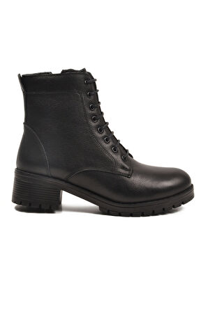 Aspor Siyah Hakiki Deri Fermuarlı Bağcık Detaylı Kadın Topuklu Bot