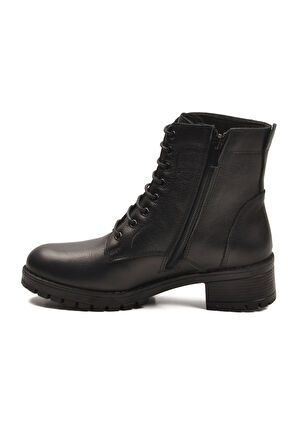 Aspor Siyah Hakiki Deri Fermuarlı Bağcık Detaylı Kadın Topuklu Bot