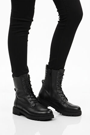 Aspor Siyah Hakiki Deri Fermuarlı Polarlı Kadın Topuklu Bot