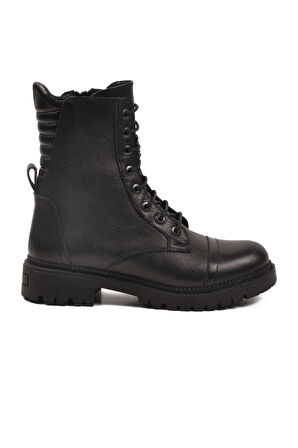 Aspor Siyah Hakiki Deri Fermuarlı Polarlı Kadın Topuklu Bot