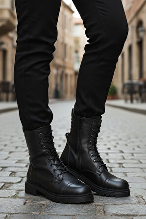 Aspor Siyah Hakiki Deri Fermuarlı Polarlı Kadın Topuklu Bot