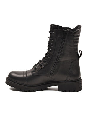 Aspor Siyah Hakiki Deri Fermuarlı Polarlı Kadın Topuklu Bot