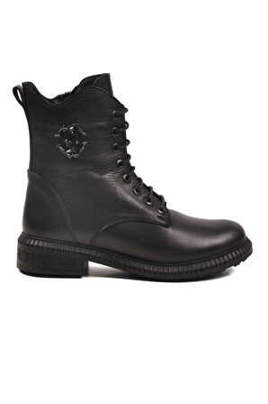 Aspor Siyah Hakiki Deri Fermuarlı Bağcık Detaylı Polarlı Kadın Topuklu Bot