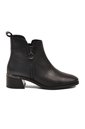 Aspor Siyah Hakiki Deri Polarlı Fermuarlı Kadın Topuklu Bot