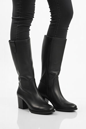 Aspor Siyah Hakiki Deri Fermuarlı Polarlı Kadın Topuklu Çizme