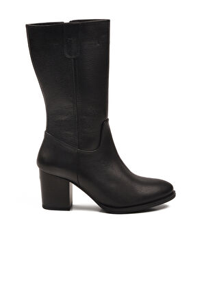 Aspor Siyah Hakiki Deri Fermuarlı Polarlı Kadın Topuklu Çizme