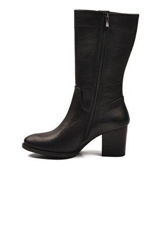 Aspor Siyah Hakiki Deri Fermuarlı Polarlı Kadın Topuklu Çizme