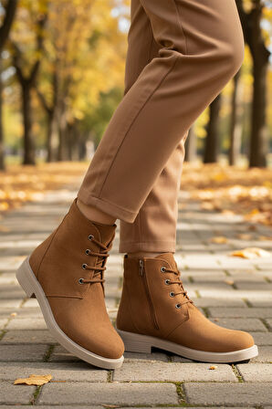 Aspor Taba Süet Bağcıklı Fermuarlı Kadın Topuklu Bot