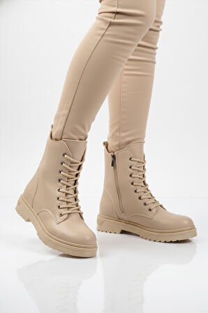 Aspor Bej Kürklü Bağcıklı Fermuarlı Kadın Topuklu Bot