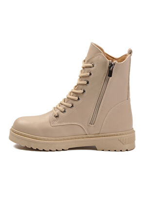 Aspor Bej Kürklü Bağcıklı Fermuarlı Kadın Topuklu Bot