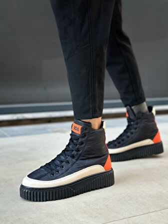 Pabucmarketi Bağcıklı Paraşüt Kumaş Turuncu Detaylı Erkek Spor Bot SİYAH (SİYAH TABAN)