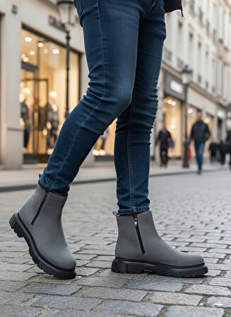 Pabucmarketi Fermuarlı Erkek Klasik Bot FÜME SÜET (SİYAH TABAN)