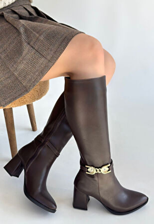 Pabucmarketi Kahverengi Fermuarlı Kadın Topuklu Çizme