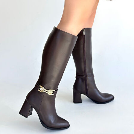 Pabucmarketi Kahverengi Fermuarlı Kadın Topuklu Çizme