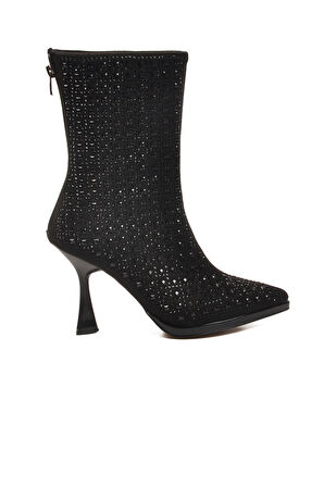 Aspor Siyah Taş İşlemeli İçi Kürklü Kadın Topuklu Çizme