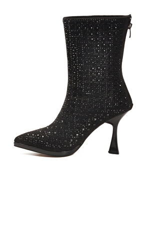 Aspor Siyah Taş İşlemeli İçi Kürklü Kadın Topuklu Çizme