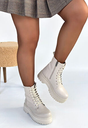 Pabucmarketi Bej Fermuarlı Bağcıklı Kadın Worker Bot