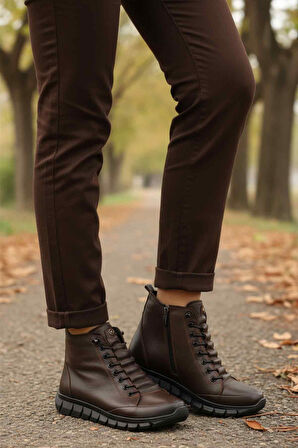 Aspor Kahve Hakiki Deri İçi Polarlı Fermuarlı Kadın Düz Bot