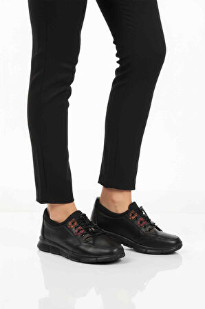 Aspor Siyah Hakiki Deri Ortopedik Kadın Casual Ayakkabı