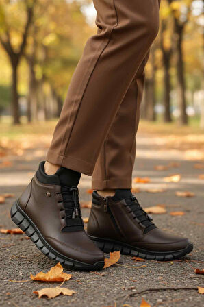 Aspor Kahve Hakiki Deri İçi Polarlı Fermuarlı Kadın Düz Bot