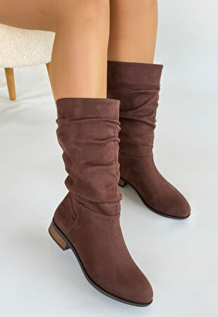 Pabucmarketi Kahverengi Süet Körüklü Kadın Topuklu Çizme