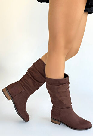 Pabucmarketi Kahverengi Süet Körüklü Kadın Topuklu Çizme