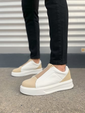 Pabucmarketi Bej Süet Beyaz Detaylı Lastikli Erkek Sneaker