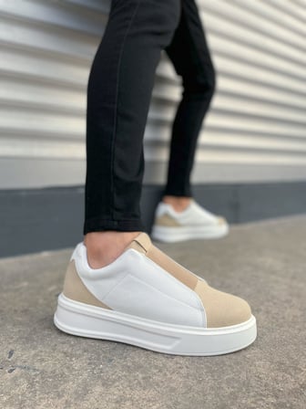 Pabucmarketi Bej Süet Beyaz Detaylı Lastikli Erkek Sneaker
