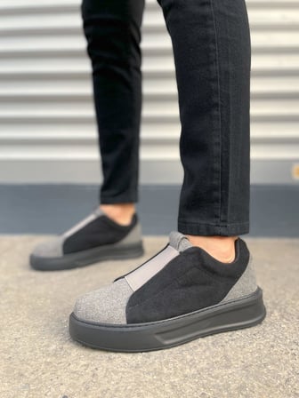Pabucmarketi Gri Süet Siyah Detaylı Lastikli Erkek Sneaker