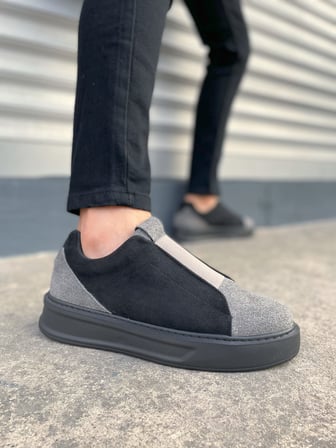 Pabucmarketi Gri Süet Siyah Detaylı Lastikli Erkek Sneaker