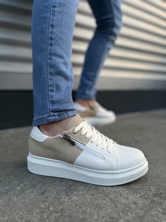 Pabucmarketi Beyaz Krem Süet Detaylı Bağcıklı Fermuarlı Erkek Sneaker