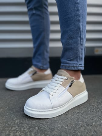 Pabucmarketi Beyaz Krem Süet Detaylı Bağcıklı Fermuarlı Erkek Sneaker