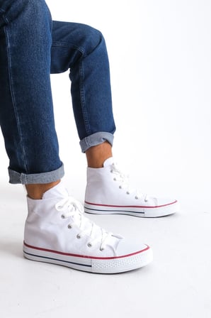 Pabucmarketi Beyaz Keten Bağcıklı Erkek Hi Sneaker