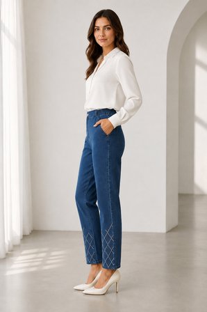 Kadın Paçası Işıltılı Nakış Detaylı Yüksek Bel Denim Pantolon Y26-1505-Mavi