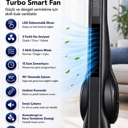 Turbo Smart Akıllı Fan Led Ekranlı Kumandalı 90° Hareketli Serinletici Soğutucu Kule Tipi Vantilatör