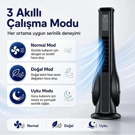 Turbo Smart Akıllı Fan Led Ekranlı Kumandalı 90° Hareketli Serinletici Soğutucu Kule Tipi Vantilatör